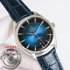 Omega Seamaster wristwatch with deep blue dial, blue leather strap, silver case