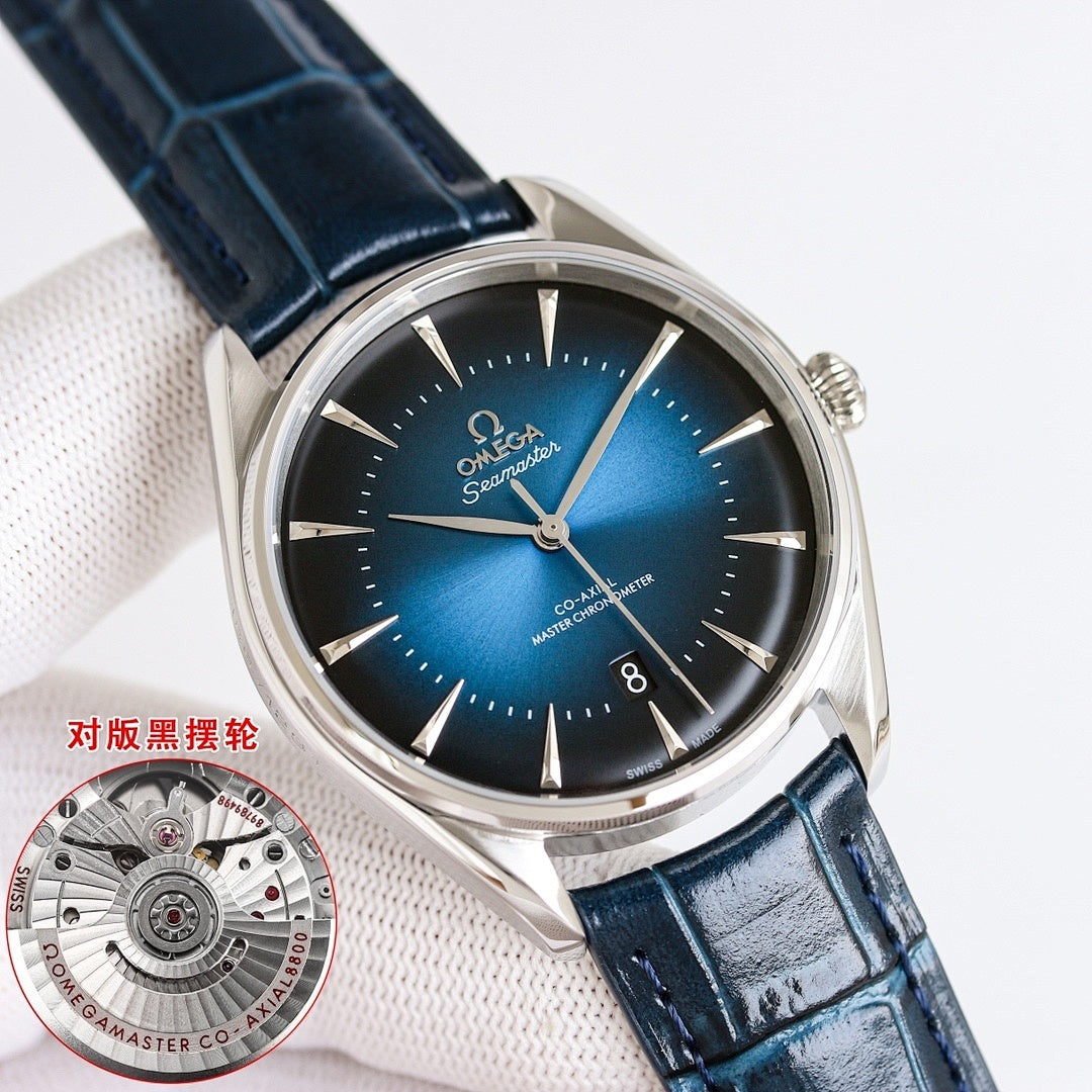 Omega Seamaster wristwatch with deep blue dial, blue leather strap, silver case