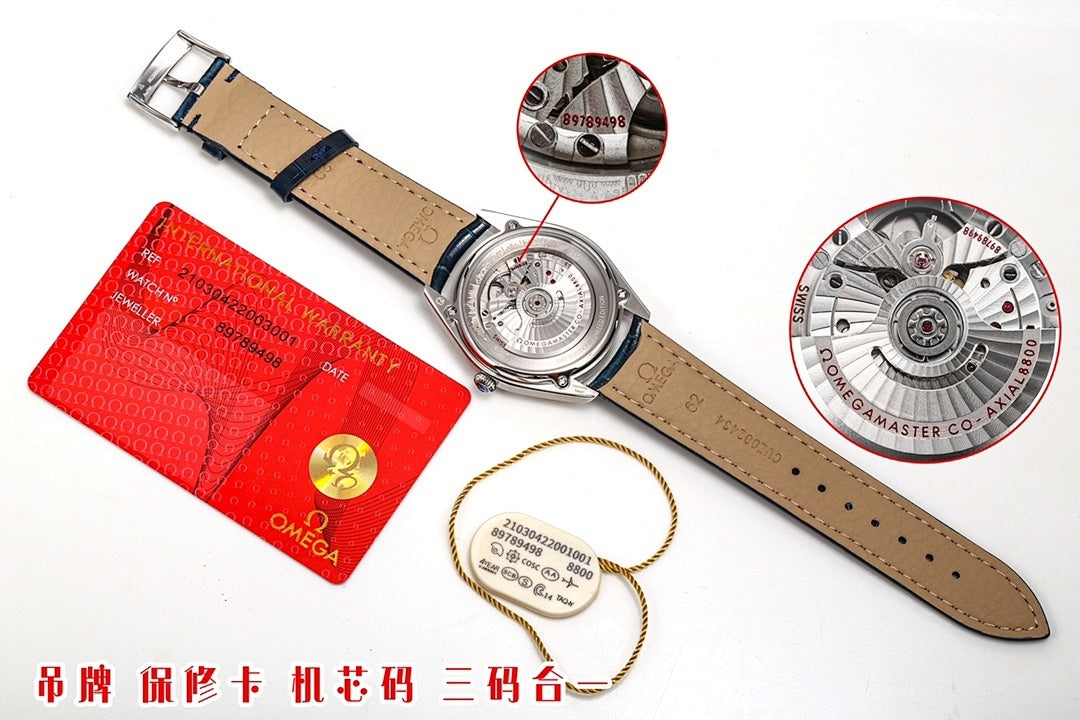 Omega watch with silver case and brown leather strap, visible mechanical movement