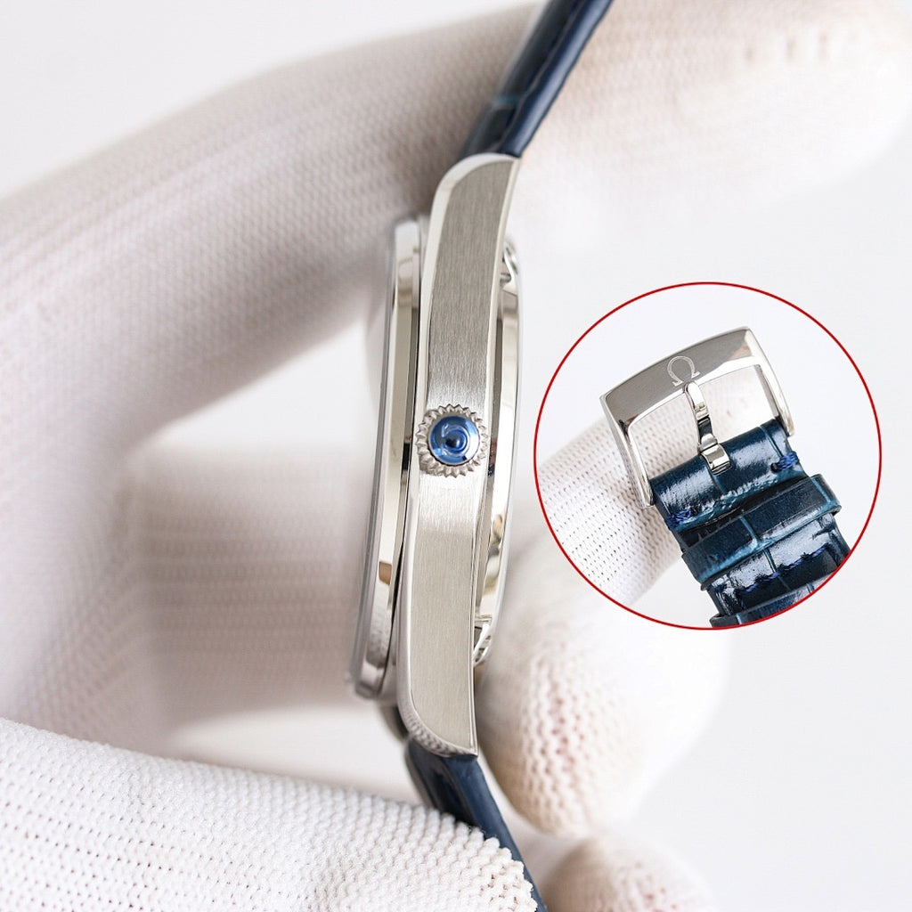Omega watch with blue leather strap; side view of silver case and crown