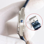 Omega watch with blue leather strap; side view of silver case and crown