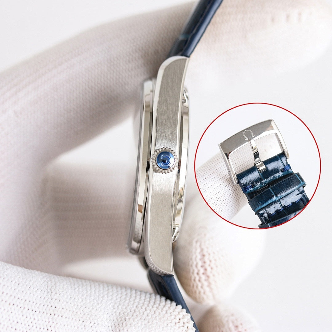 Omega watch with blue leather strap; side view of silver case and crown