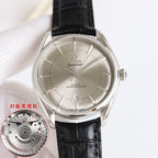 Omega Seamaster wristwatch with champagne dial, baton markers, and black leather strap