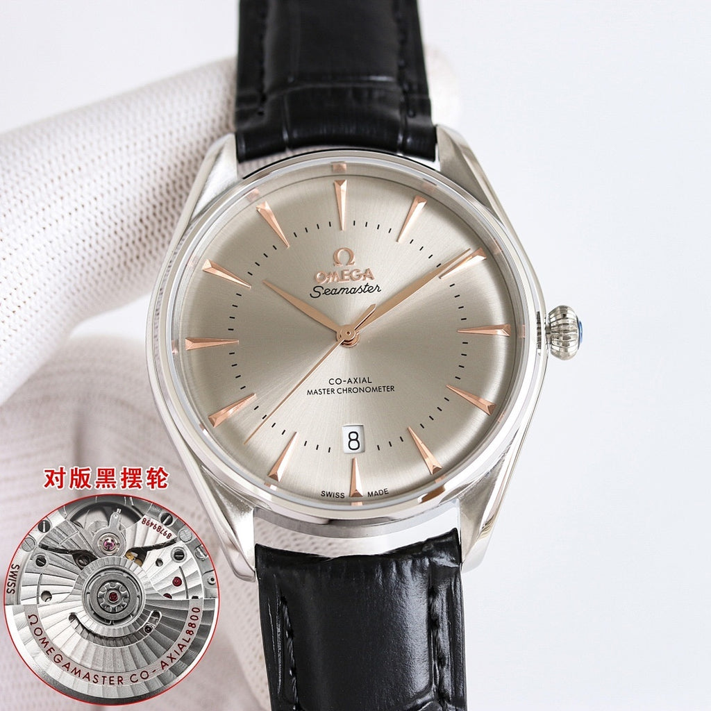 Omega Seamaster wristwatch with light dial, rose-gold hands, and black leather strap