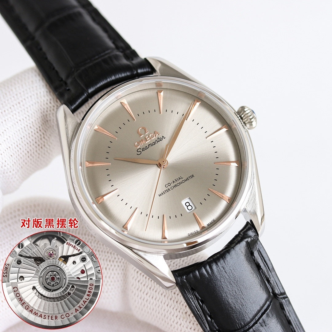 Omega Seamaster wristwatch close-up with champagne dial, rose-gold accents, black leather strap