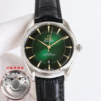Omega Seamaster wristwatch with dark green dial, gold indices, and black leather strap