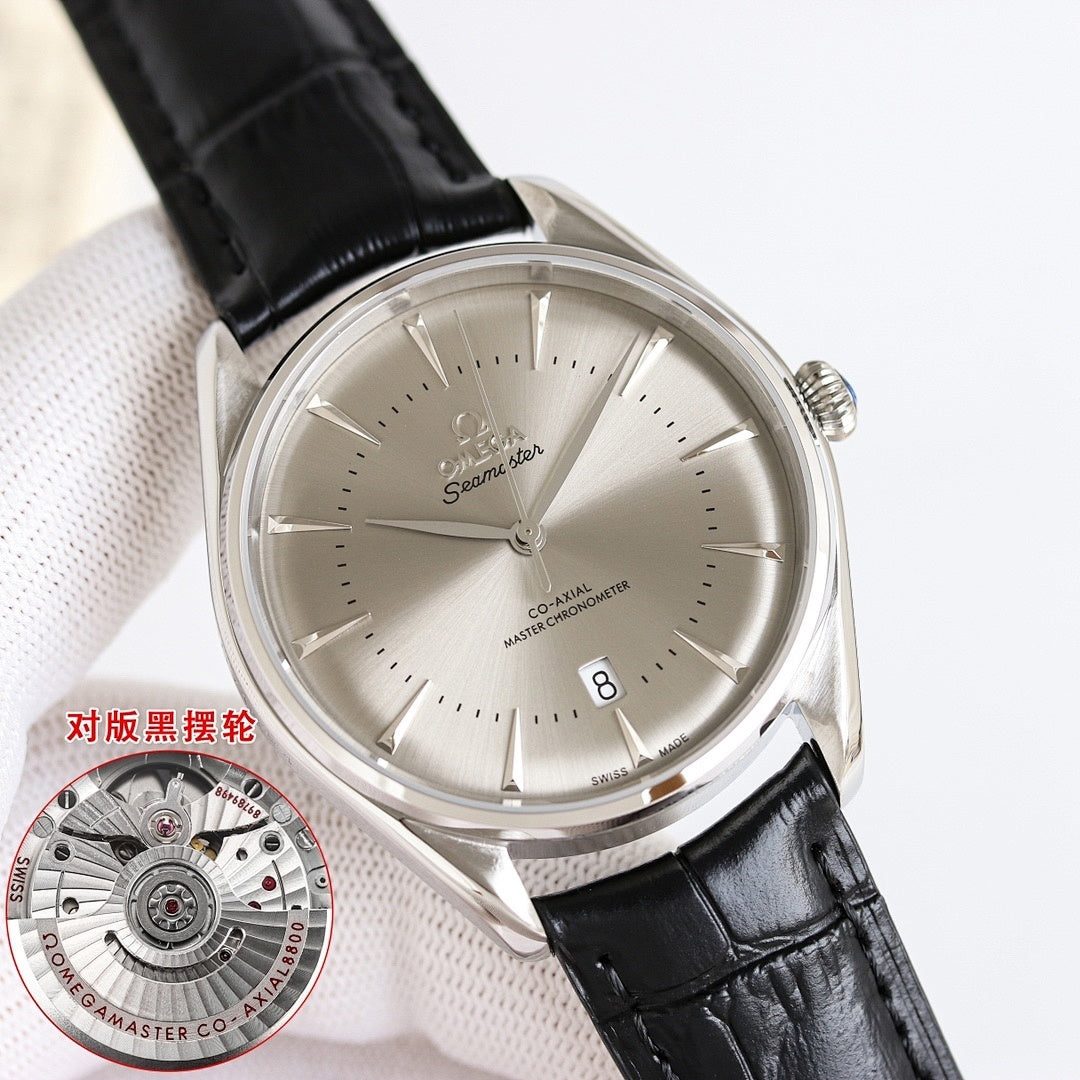 Omega Seamaster wristwatch with champagne dial, baton markers, and black leather strap