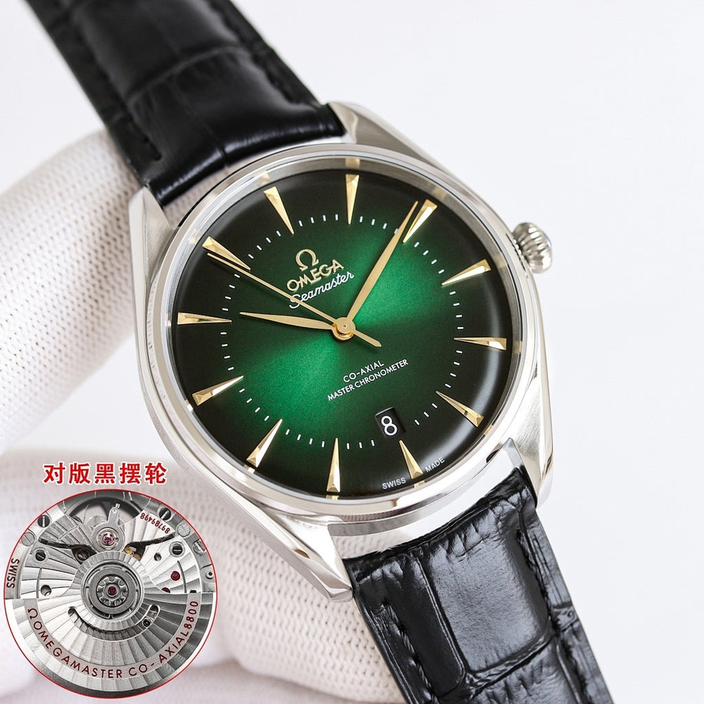 Omega Seamaster wristwatch with green dial, gold indices, and black leather strap