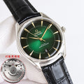 Omega Seamaster wristwatch with green dial, gold indices, and black leather strap