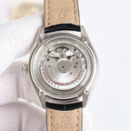 Omega Seamaster watch caseback with exposed mechanical movement and tan leather strap
