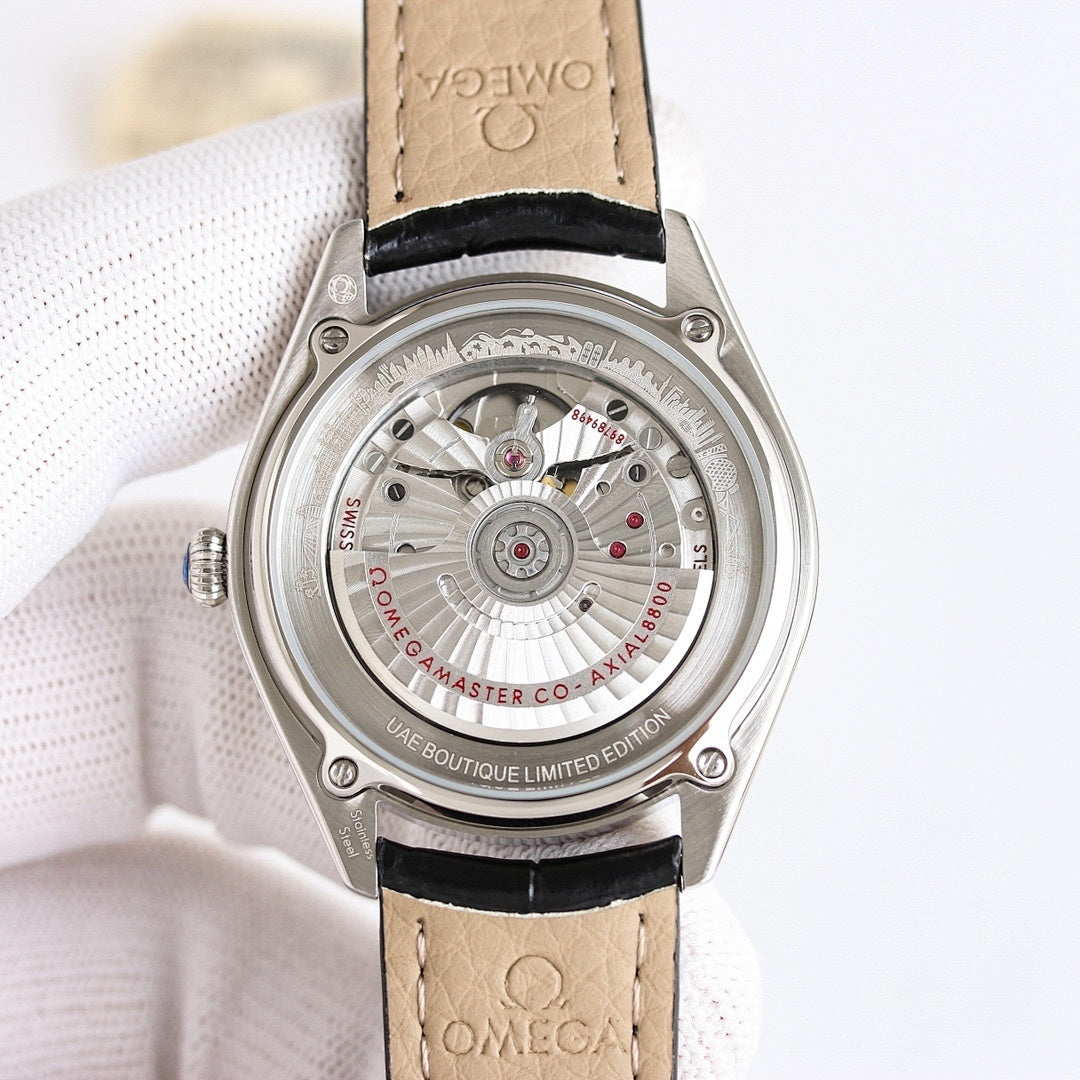 Omega Seamaster watch caseback with exposed mechanical movement and tan leather strap
