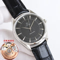 Steel Seamaster wristwatch with black dial and black leather strap, round bezel
