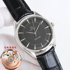 Steel Seamaster wristwatch with black dial and black leather strap, round bezel