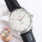 Steel Seamaster wristwatch with white dial and black leather strap, round bezel