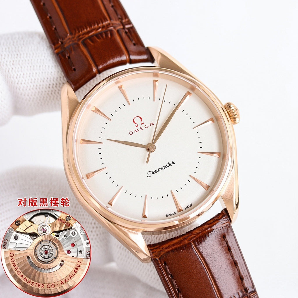 Rose-gold Seamaster wristwatch with white dial and brown leather strap, round case