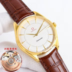 Gold Seamaster wristwatch with white dial and brown leather strap, angled view