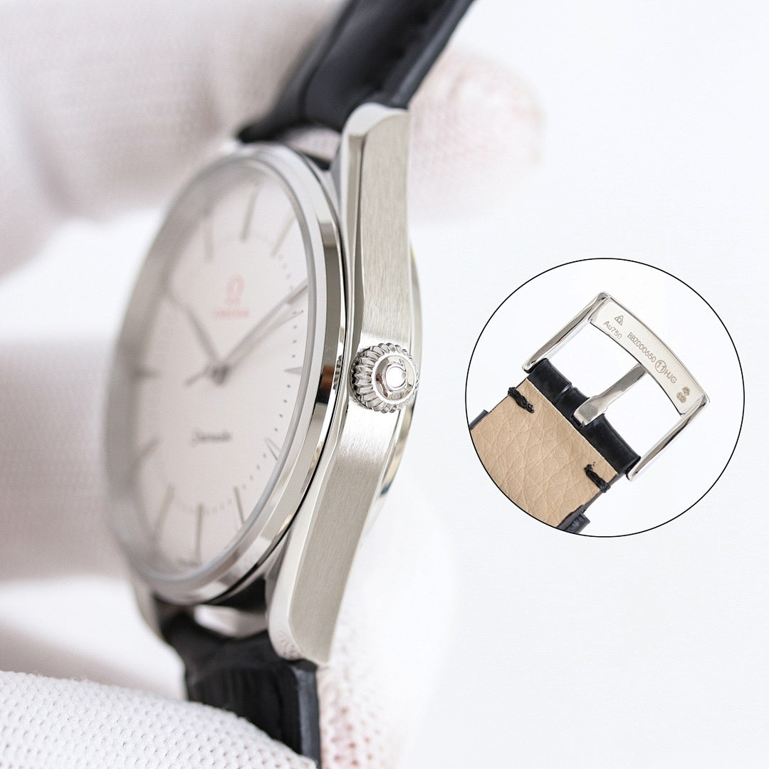 Silver Seamaster watch with black leather strap and clasp detail, round case
