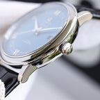 Omega watch with blue dial, silver case, crown detail, black leather strap