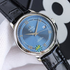 Omega watch with steel case, blue dial, Roman numerals, black leather strap