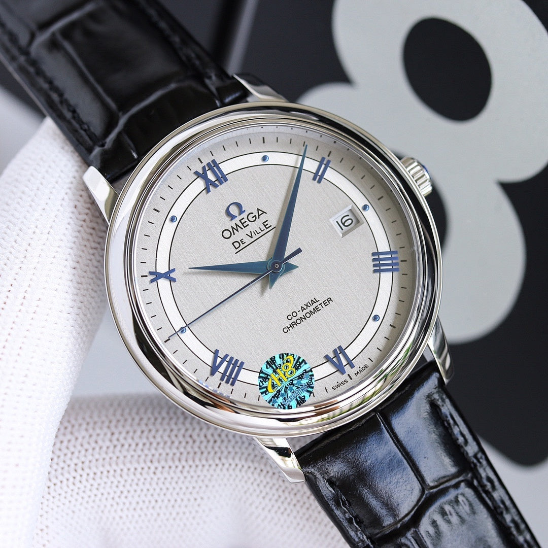 Omega watch with silver case, white dial, Roman numerals, black leather strap