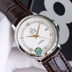 Omega watch with silver case, white dial, Roman numerals, brown leather strap