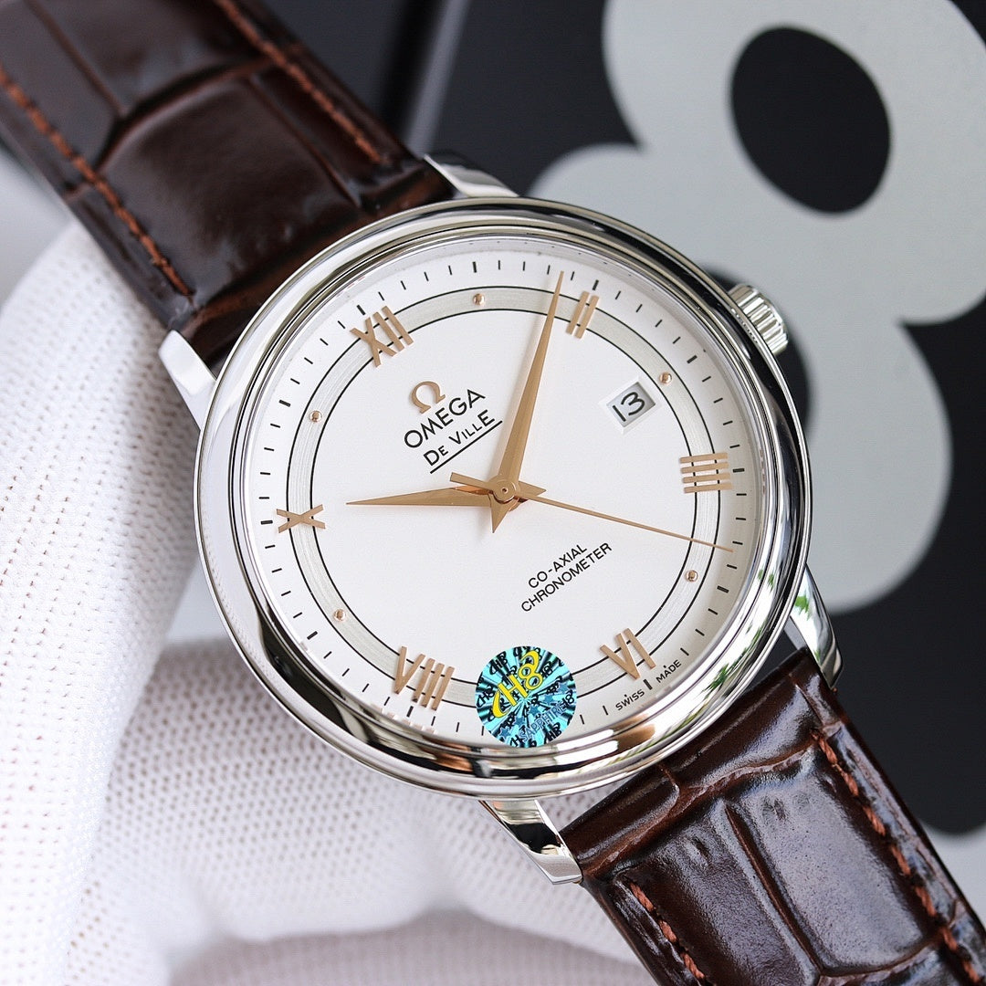 Omega watch with silver case, white dial, Roman numerals, brown leather strap