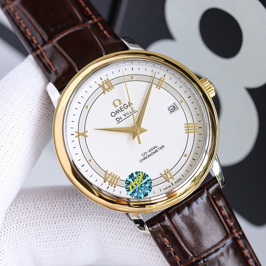 Omega watch with gold case, white dial, Roman numerals, brown leather strap, front view