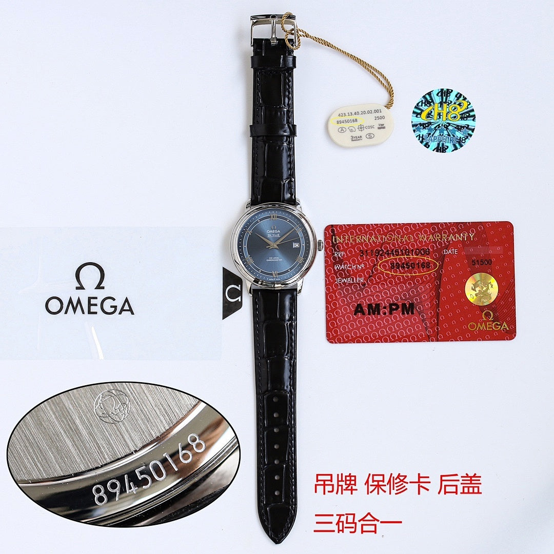 Omega watch with black leather strap and silver case, hanging display tag