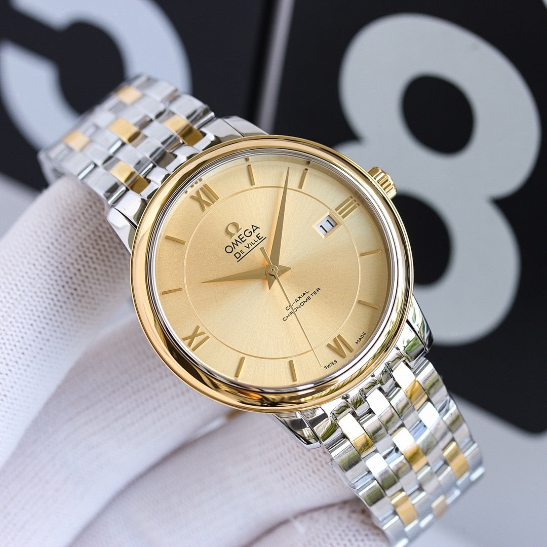 Omega wristwatch with two-tone silver and gold bracelet and gold round dial