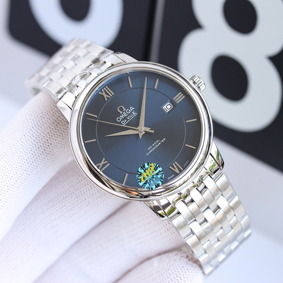 Omega wristwatch with silver metal bracelet and dark blue round dial, gold-tone hands