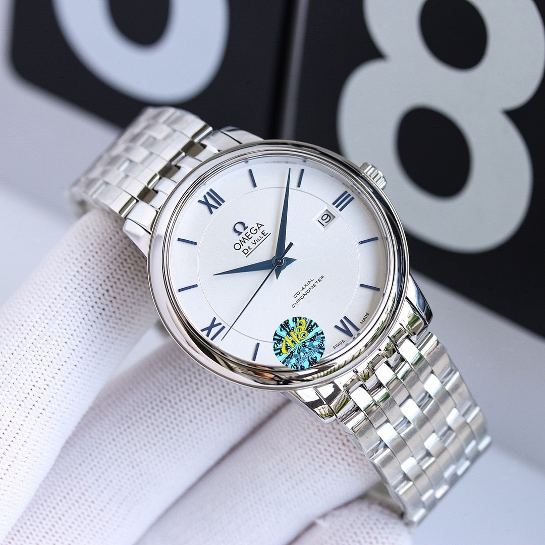 Omega wristwatch with silver metal bracelet and white round dial, roman numerals and date