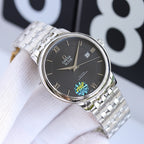 Omega wristwatch with silver metal bracelet and dark blue round dial, roman numerals