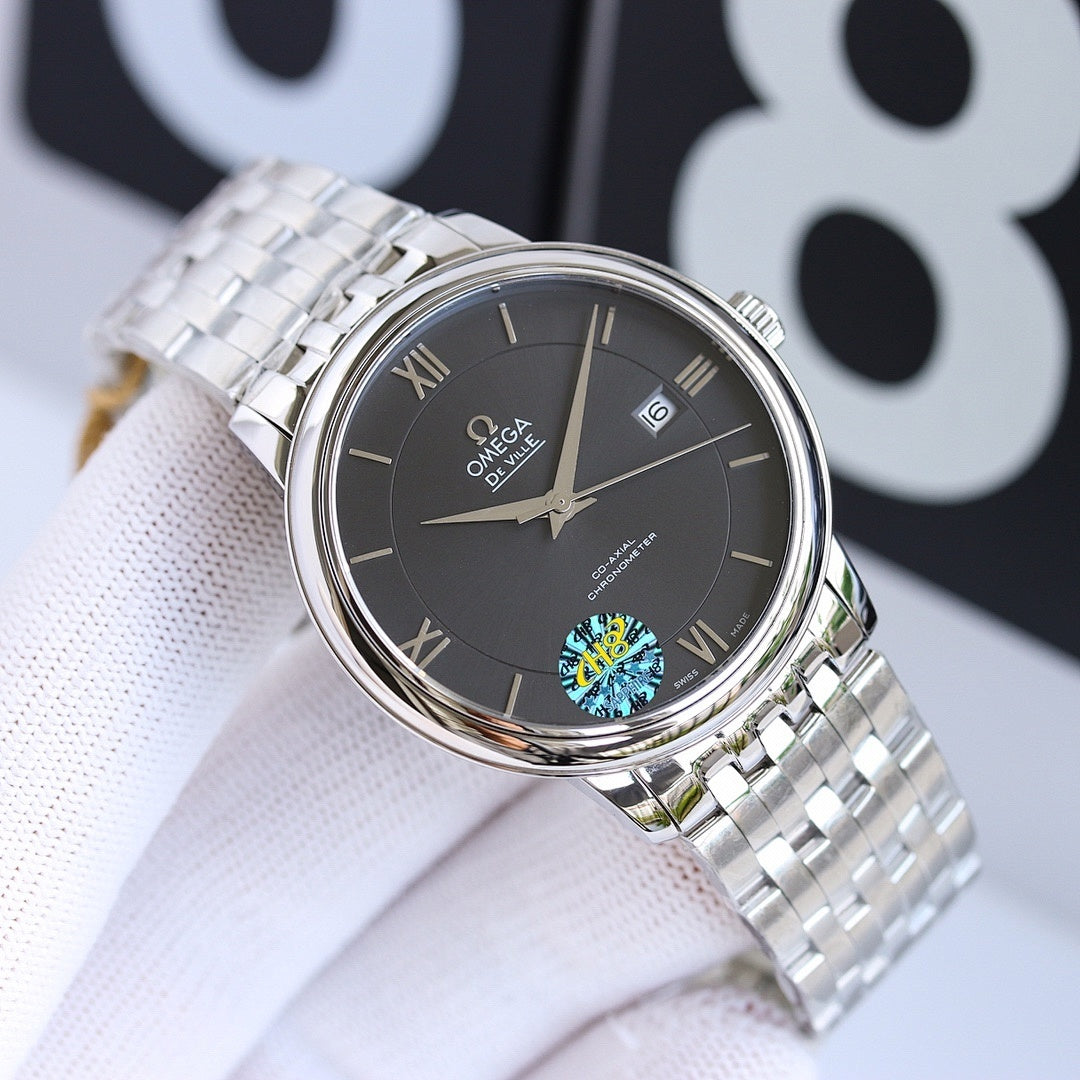 Omega wristwatch with silver metal bracelet and dark blue round dial, roman numerals