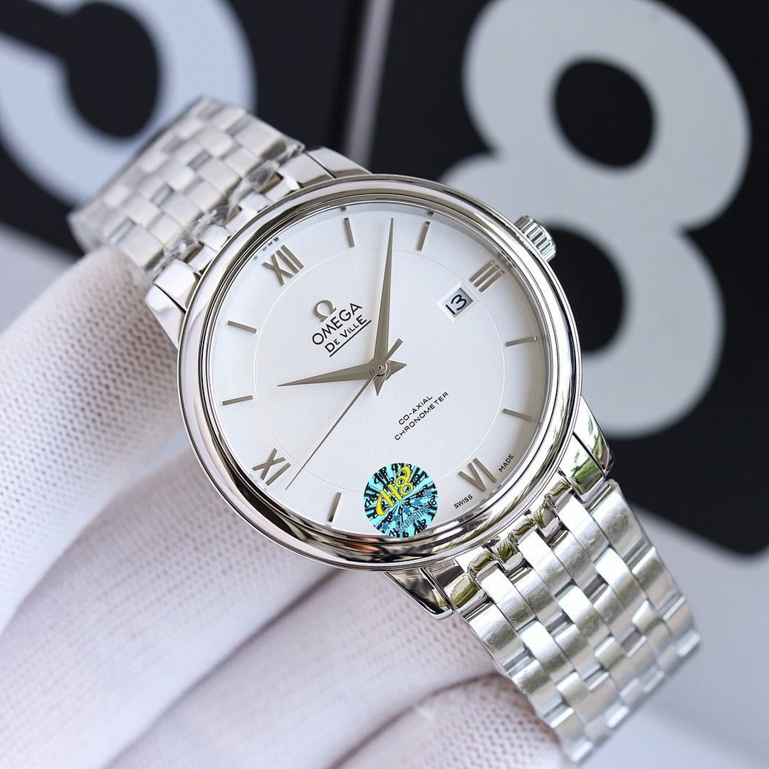 Omega wristwatch with silver metal bracelet and white round dial, roman numerals and date