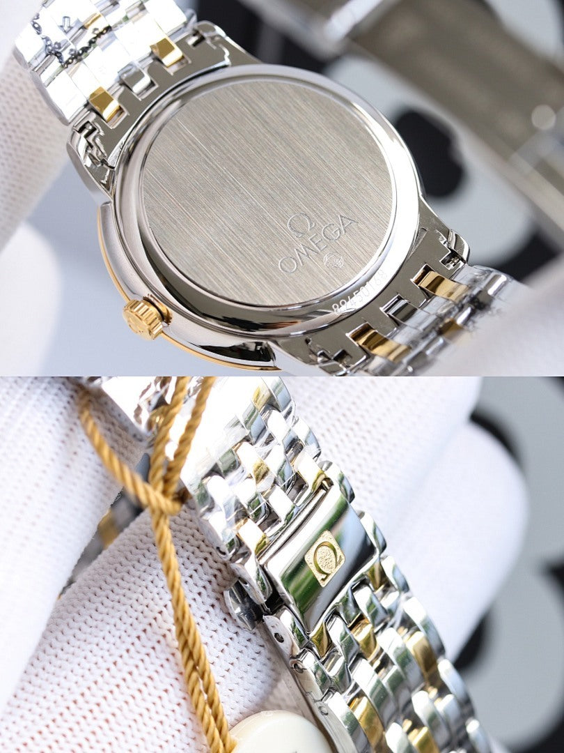 Omega wristwatch case back with brushed metal finish and linked silver bracelet
