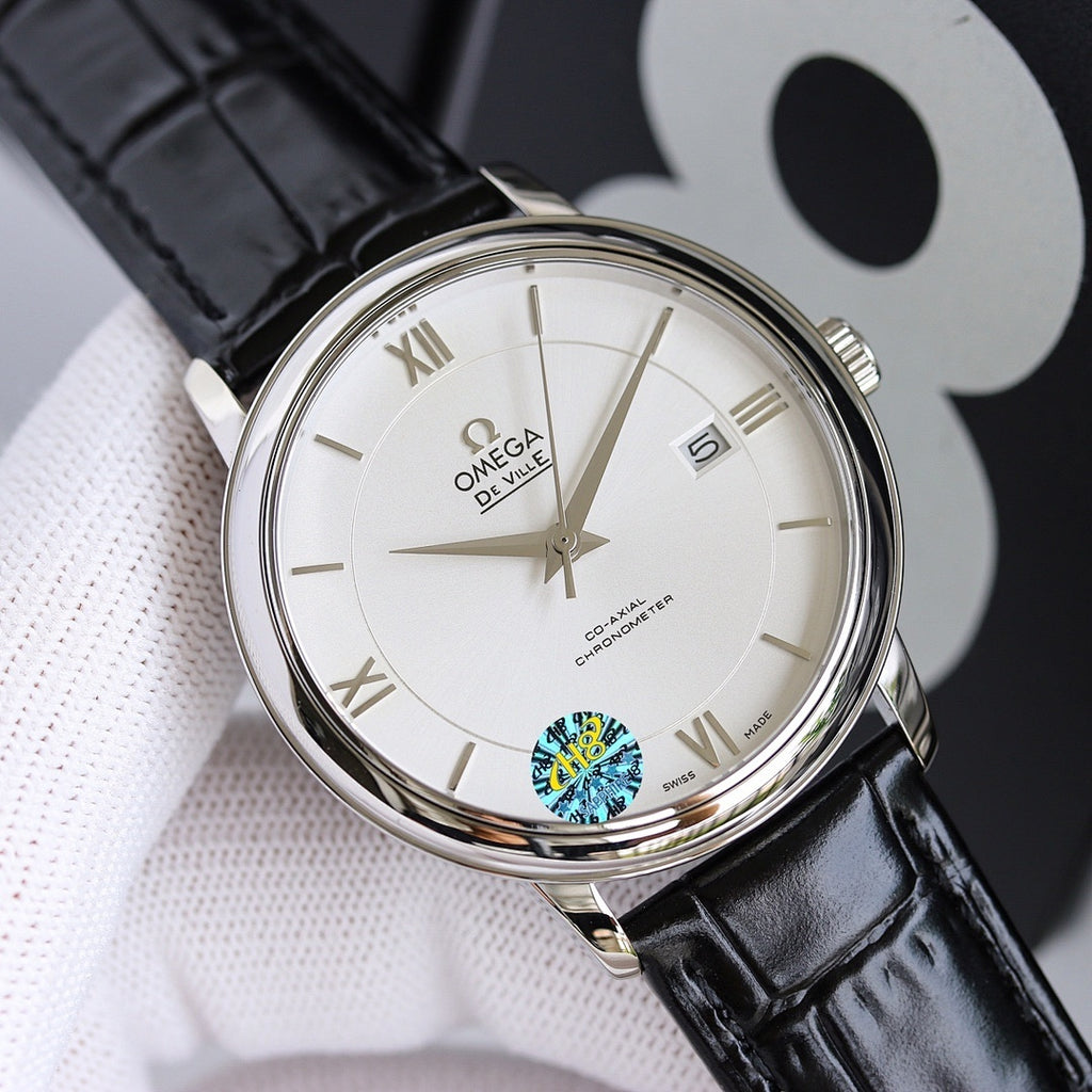 Wristwatch with white dial and black leather strap, silver case and crown
