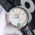 Wristwatch with white dial and black leather strap, silver case and crown