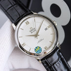 Wristwatch with white dial and black leather strap, silver case and crown