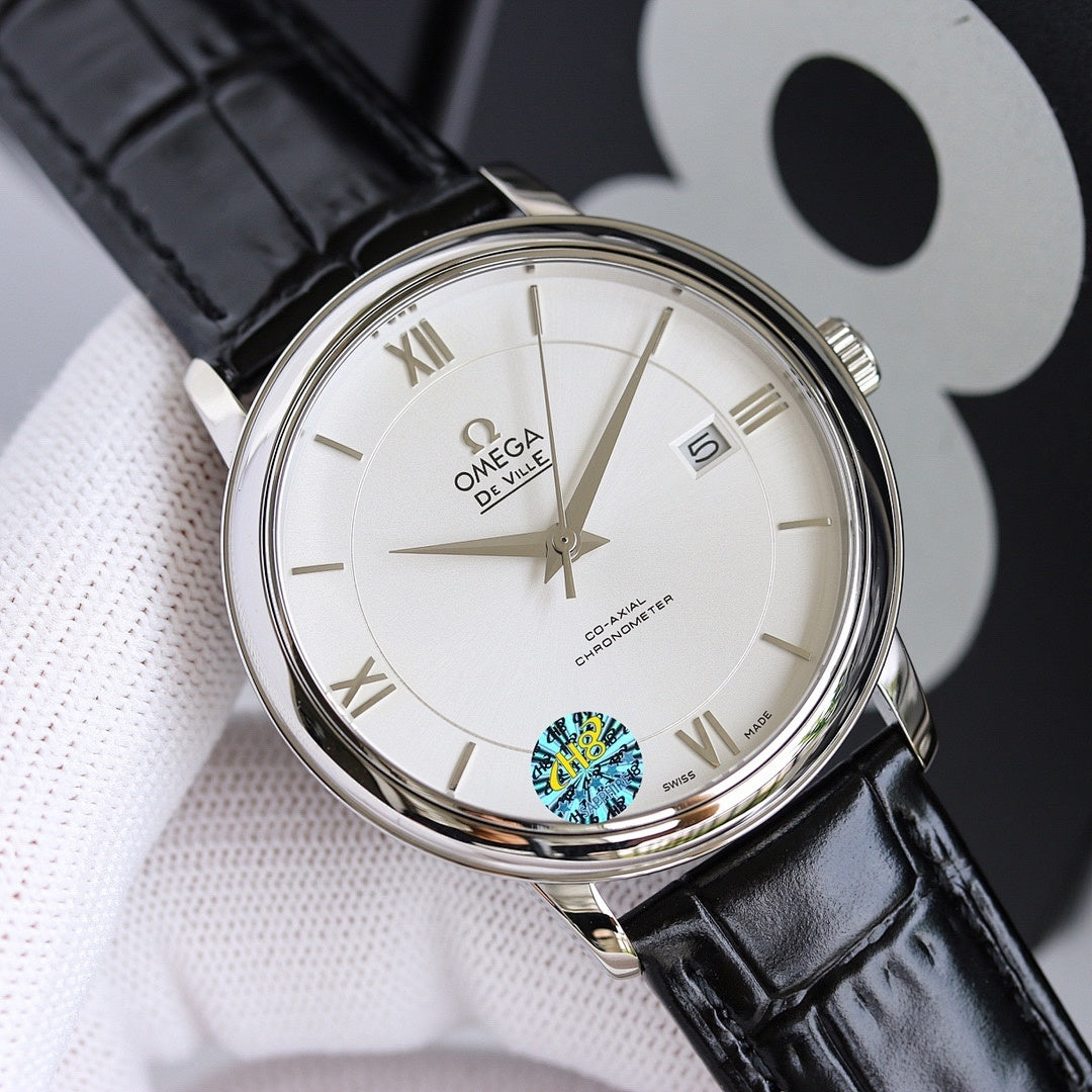 Wristwatch with white dial and black leather strap, silver case and crown