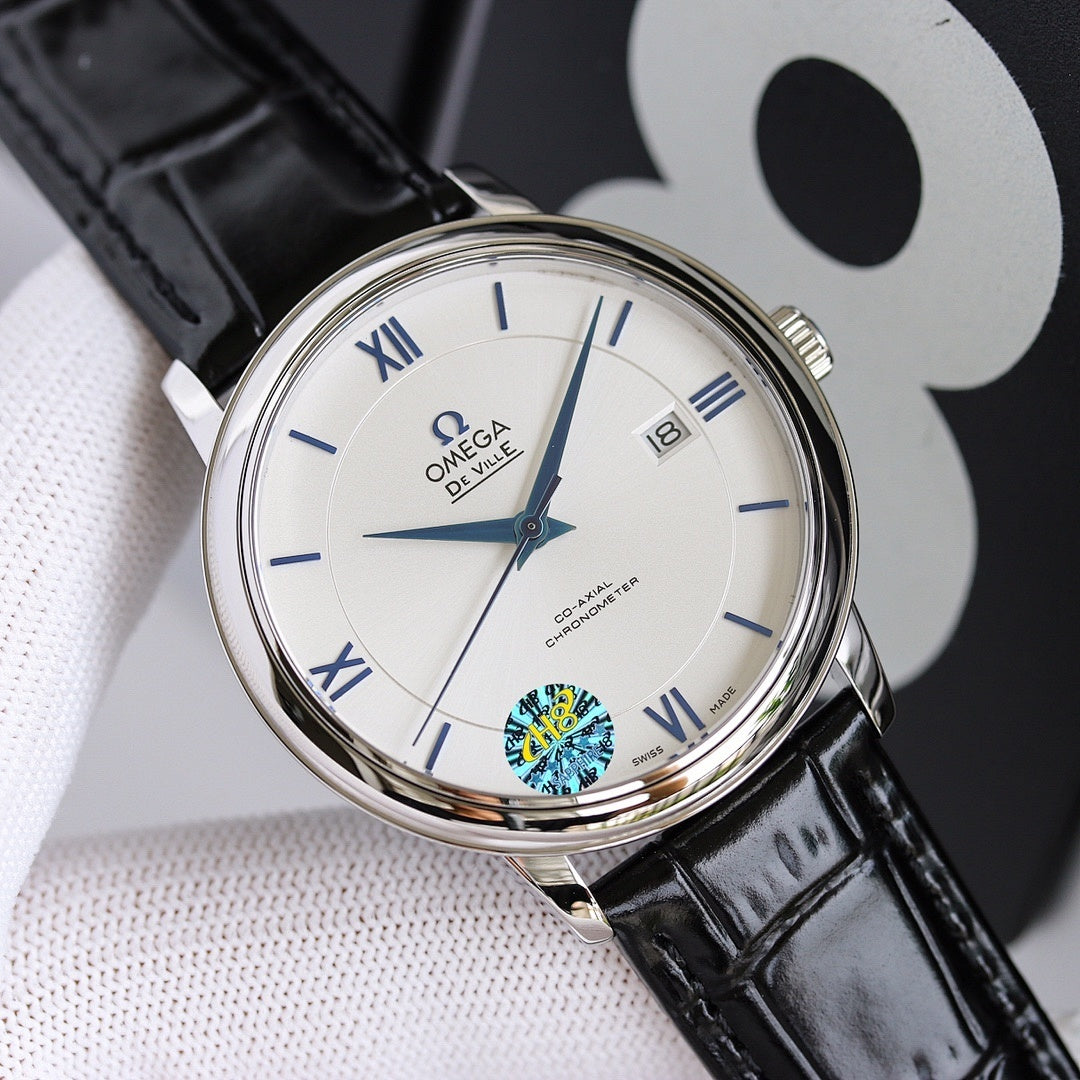 Wristwatch with white dial, black leather strap, silver case and date window