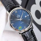 Wristwatch with blue dial, black leather strap, silver case and date window