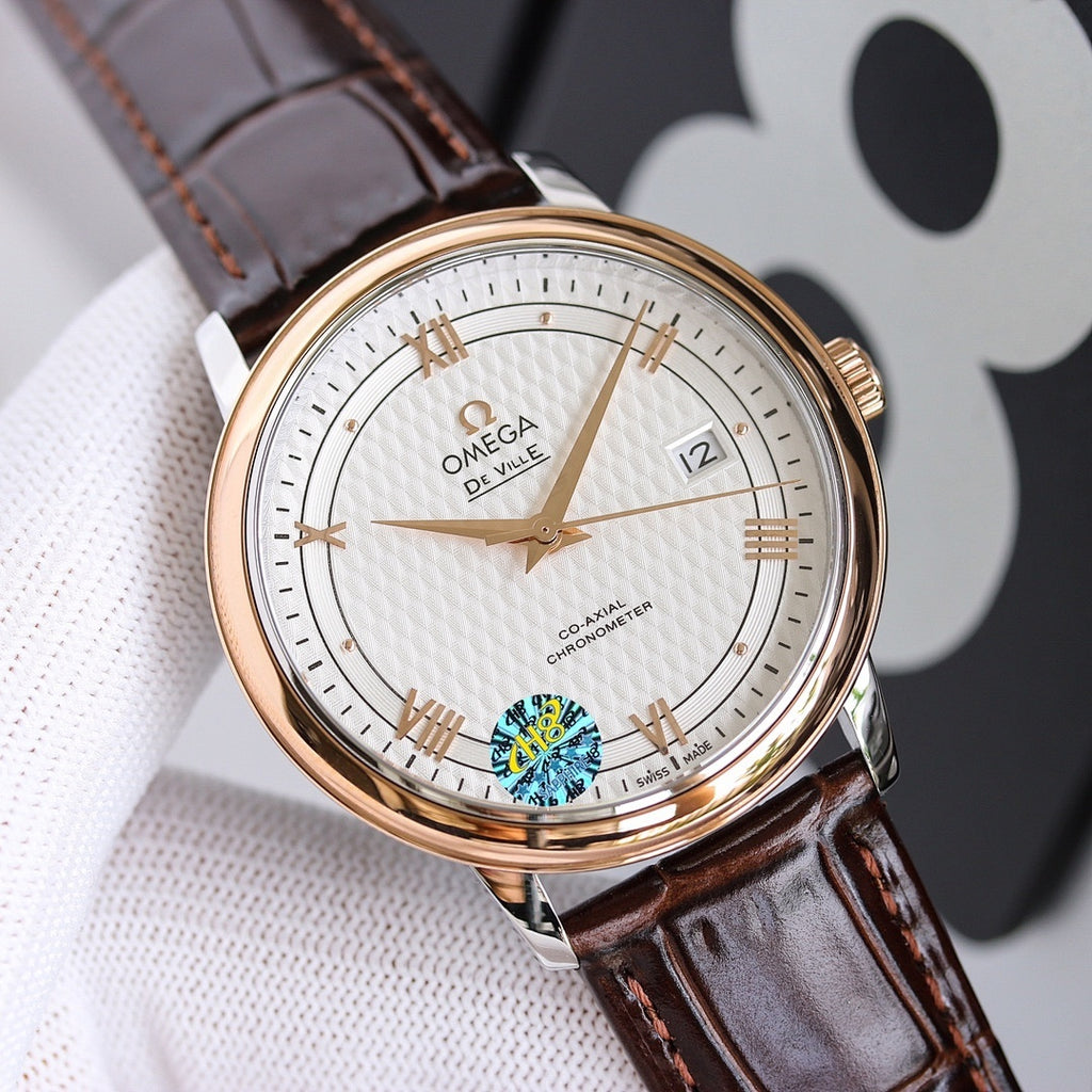 Rose gold-tone wristwatch with white dial and black leather strap