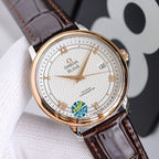 Rose gold-tone wristwatch with white dial and black leather strap