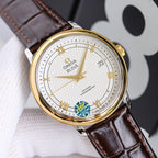 Gold-tone wristwatch with white dial and brown leather strap