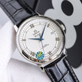 Stainless steel wristwatch with white dial, blue hands, and black leather strap
