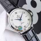 Stainless steel wristwatch with white dial, blue hands, and black leather strap