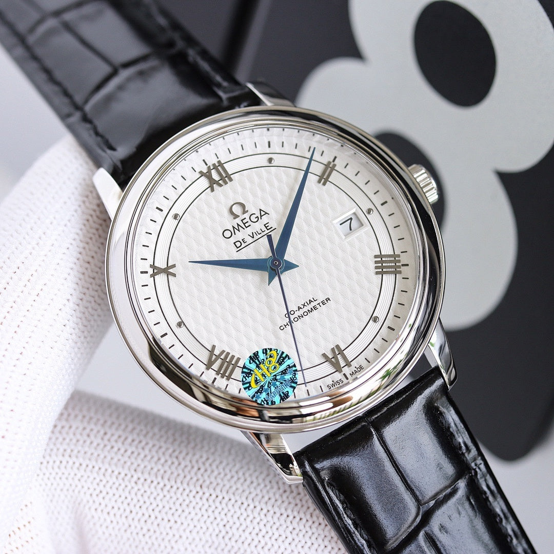 Stainless steel wristwatch with white dial, blue hands, and black leather strap