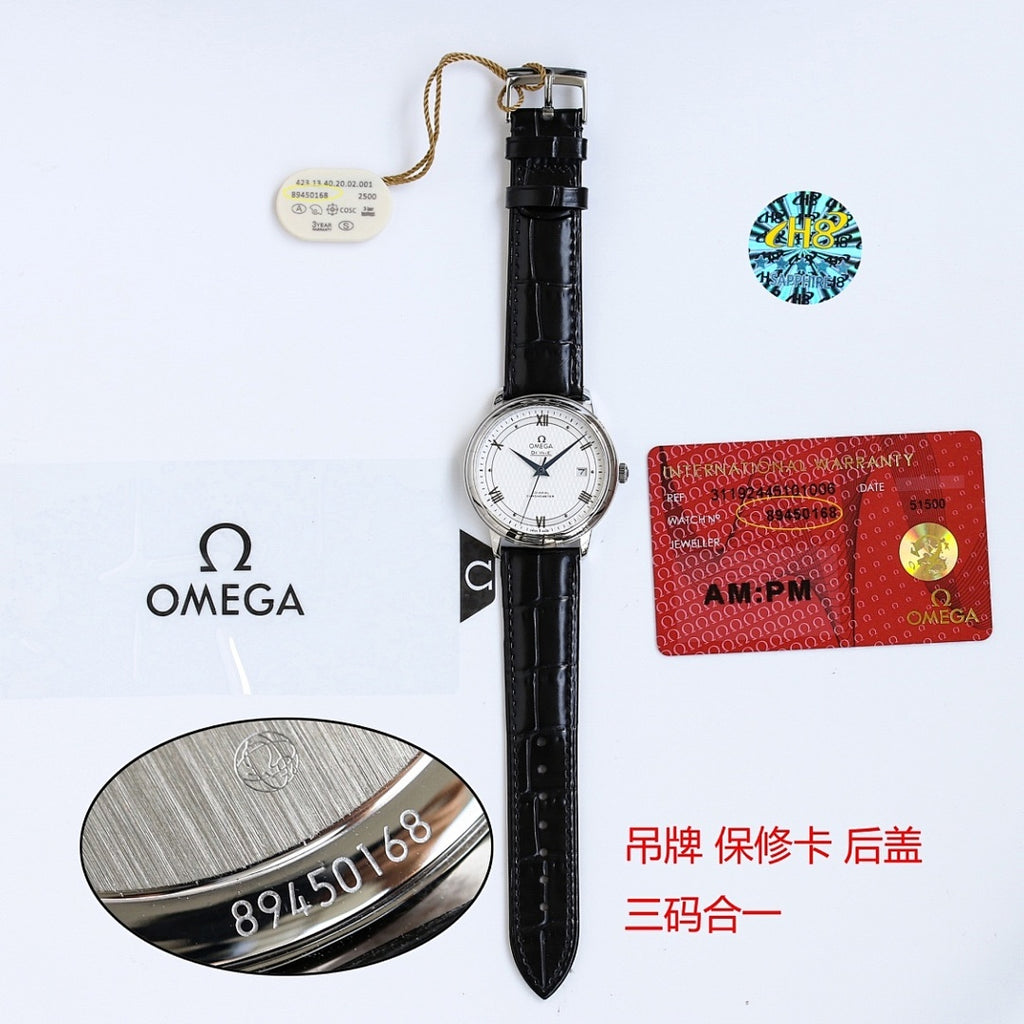 Round wristwatch with white dial and black leather strap