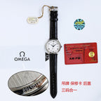 Round wristwatch with white dial and black leather strap