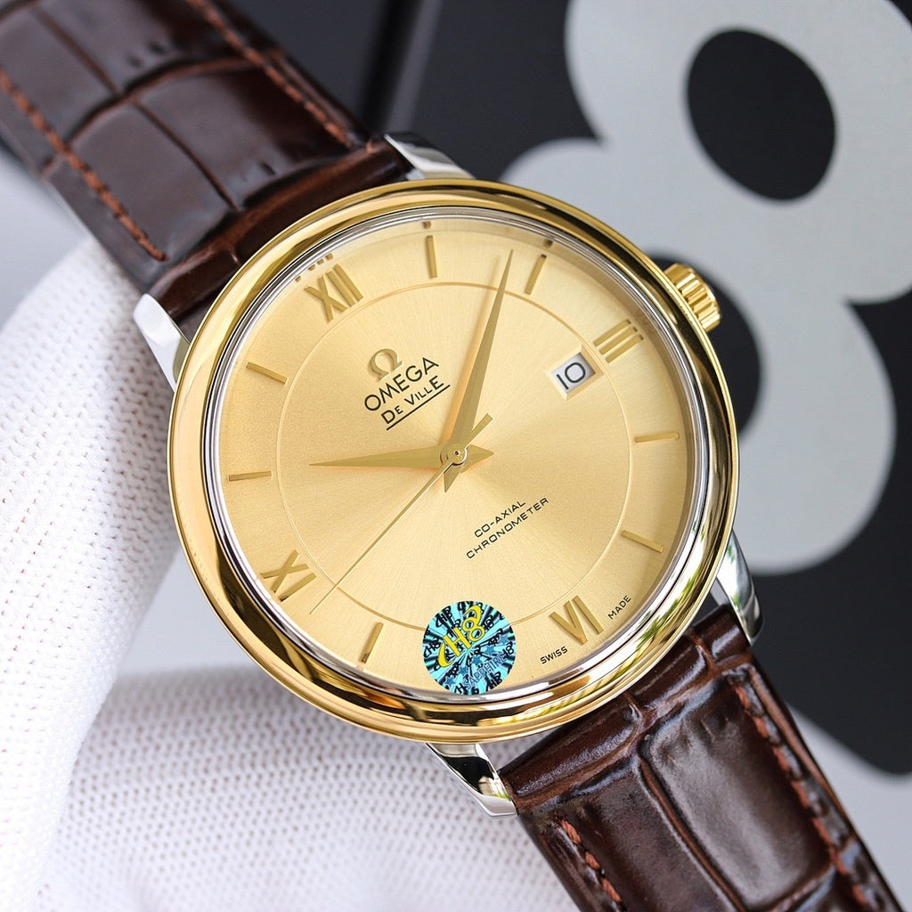 Omega watch with champagne dial, gold case, brown leather strap and Roman numerals